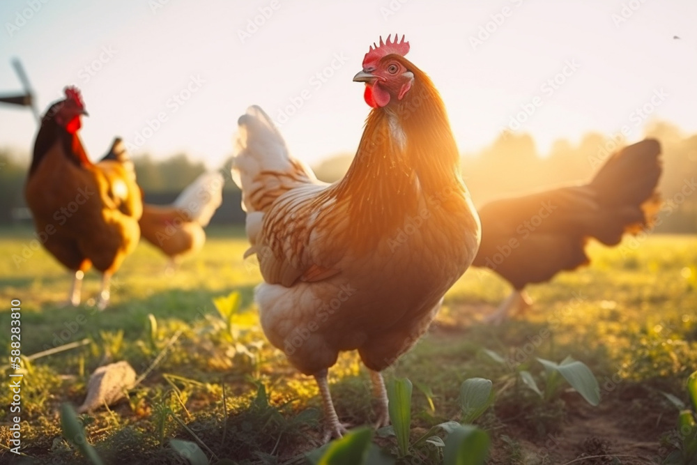 Fototapeta premium Chickens running free on farm, happy animals welfare and free range poultry. Generative AI