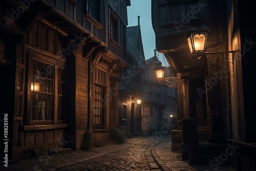 medieval houses dark streets and kerosene lamp Generative AI