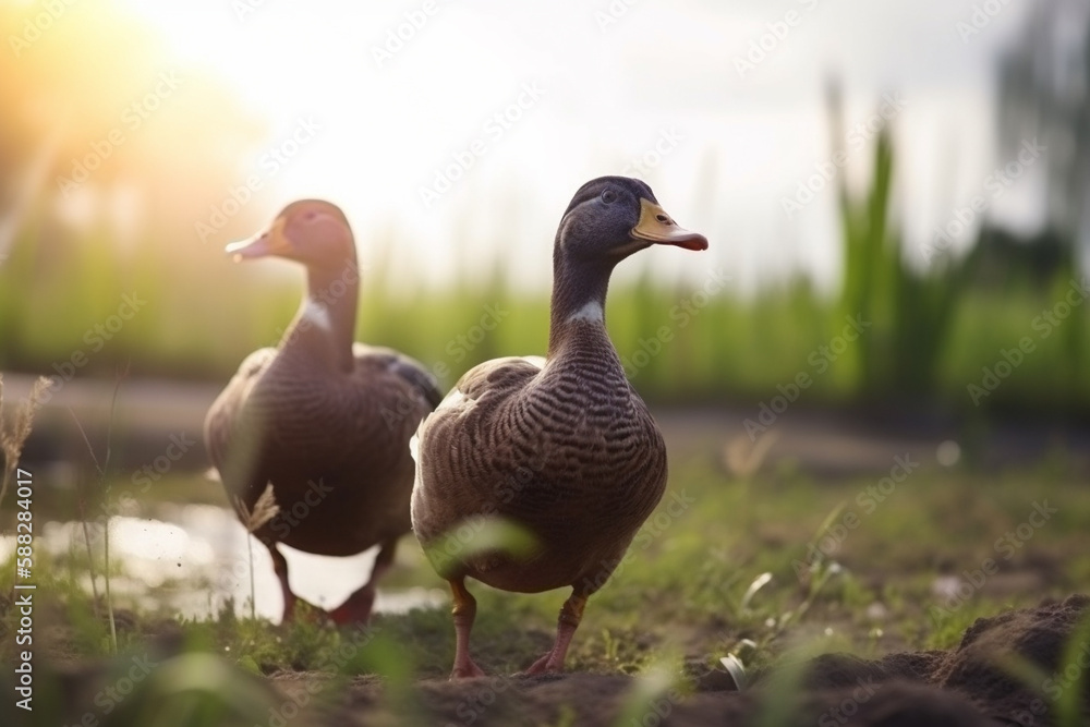 Free range happy ducks roaming free on meadow at farm. Generative AI Free range happy ducks roaming free on meadow at farm. Generative AI