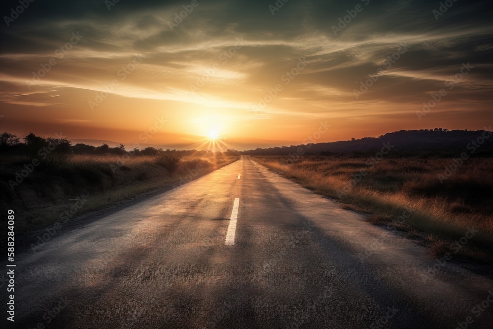  the sun is setting over a road with a field in the foreground and trees in the distance on the other side of the road.  generative ai