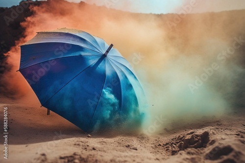  a blue umbrella sitting on top of a sandy beach next to a mountain covered in smoke and dust as the sun goes down on it.  generative ai © Nadia