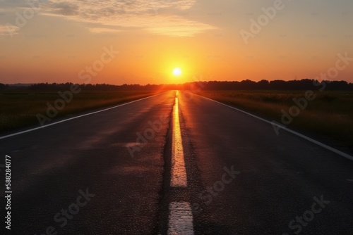  the sun is setting over a road with a line of lines painted on the side of the road in the middle of the road, and a field in the foreground. generative ai