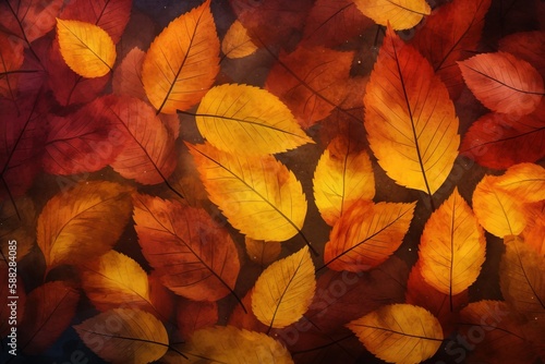  a group of yellow and red leaves on a black background with a black background and a red and yellow background with a black background and white border.  generative ai