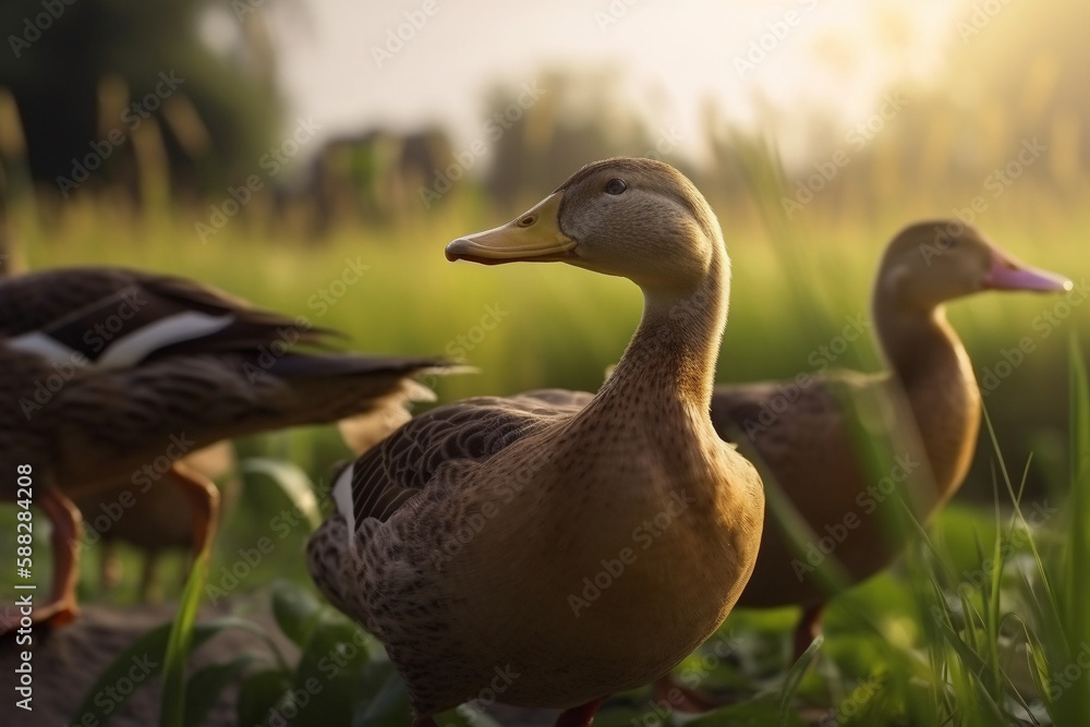 Free range happy ducks roaming free on meadow at farm. Generative AI