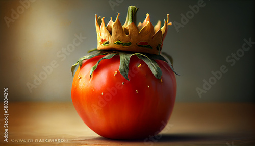 AI recreation artistic of red tomate with a crown as King Tomate