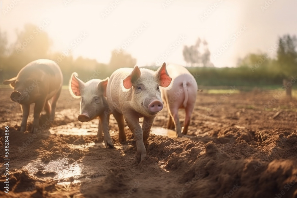 Happy pigs roaming free and farm meadow and mud. Farm animal welfare and care. Generative Ai