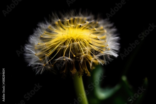  a dandelion with a black background and a yellow center in the middle of the dandelion is a black background with a green stem.  generative ai