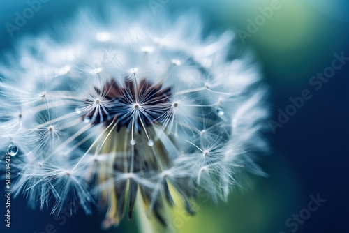  a close up of a dandelion with drops of water on it s petals and a blurry background of the dandelion.  generative ai