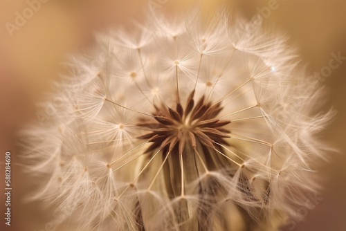  a close up of a dandelion with a brown center and white seeds in the middle of the dandelion  with a blurry background.  generative ai