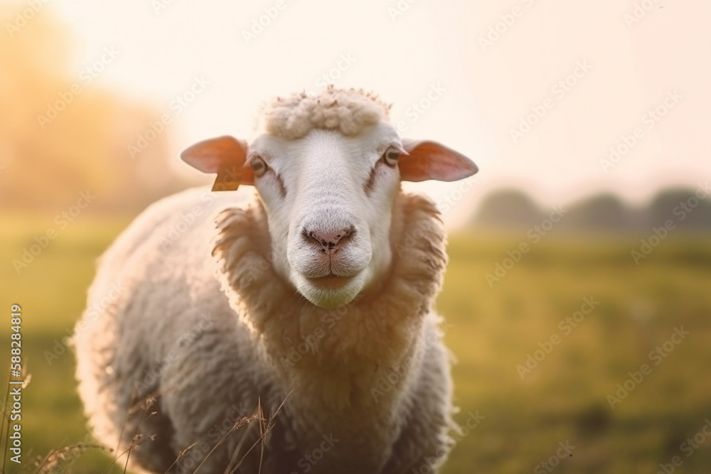 Obraz premium Sheep grazing on meadow at sunrise. Farm animal. Generative AI