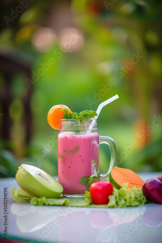 Vegetable fresh smoothie on garden table. Dieting and healthy living. Generative Ai