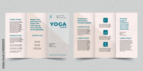  Yoga Instructor  trifold brochure template. A clean, modern, and high-quality design tri fold brochure vector design. Editable and customize template brochure