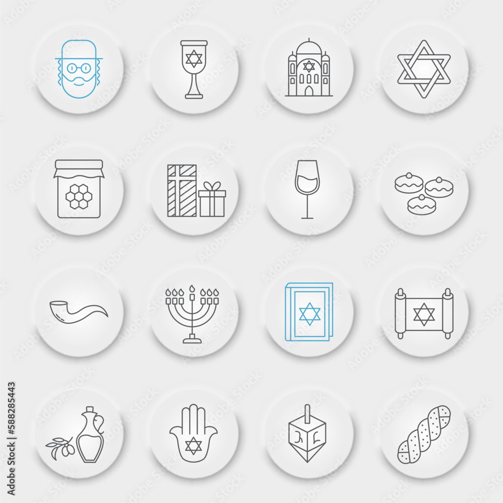 Rosh Hashanah line icon set, hanukkah collection, vector graphics, neumorphic UI UX buttons, Rosh Hashanah vector icons, jewish signs, outline pictograms, editable stroke Rosh Hashanah line icon set, hanukkah collection, vector graphics, neumorphic UI UX buttons, Rosh Hashanah vector icons, jewish signs, outline pictograms, editable stroke