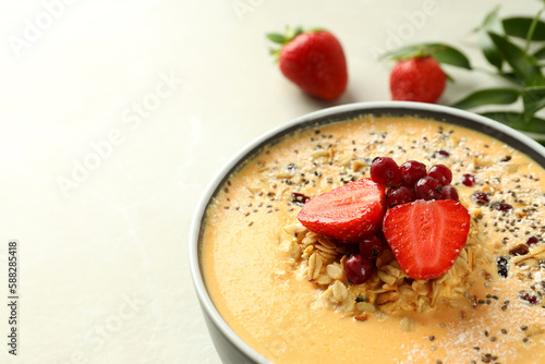Concept of delicious food with smoothie with different ingredients, space for text