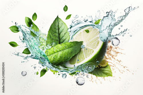 Lime and water splash on a white background. Mojito. Generative Ai technology.
