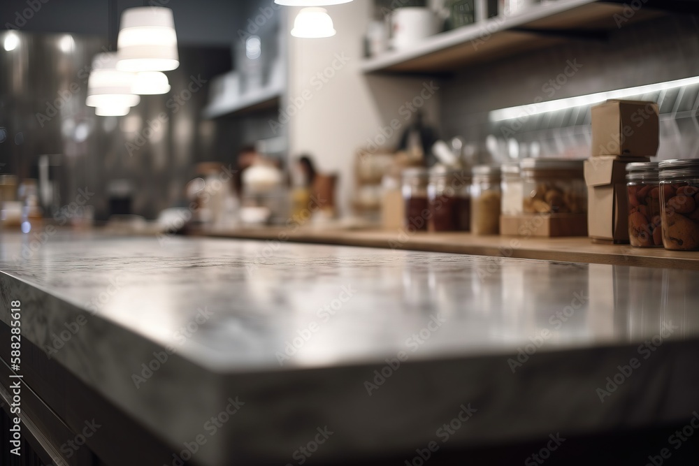  a counter top with jars of food on it and lights hanging above the counter top in a restaurant or bar area with a couple of people working behind it.  generative ai