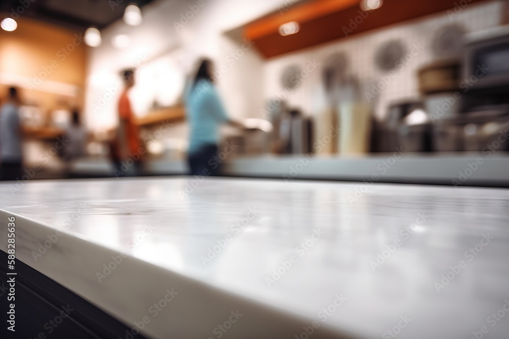  a close up of a counter top with people in a kitchen in the background of the picture in the background.  generative ai