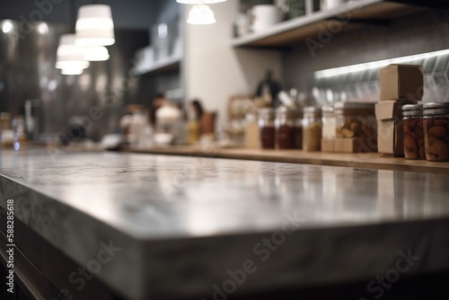  a counter top with jars of food on it and lights hanging above the counter top in a restaurant or bar area with a couple of people working behind it.  generative ai