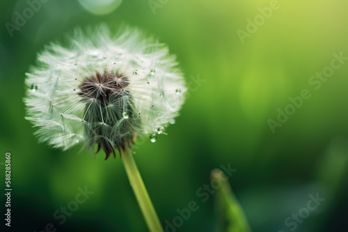  a close up of a dandelion with drops of water on it's petals and a blurry background of green leaves and grass.  generative ai