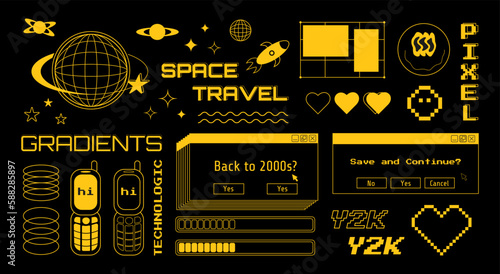 Y2K set of graphic computer and technological elements, orange vector illustrations on a black background.