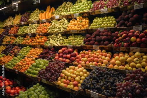  a large display of fruit in a grocery store with a variety of colors and sizes of fruit in baskets on the shelves and on the shelves.  generative ai