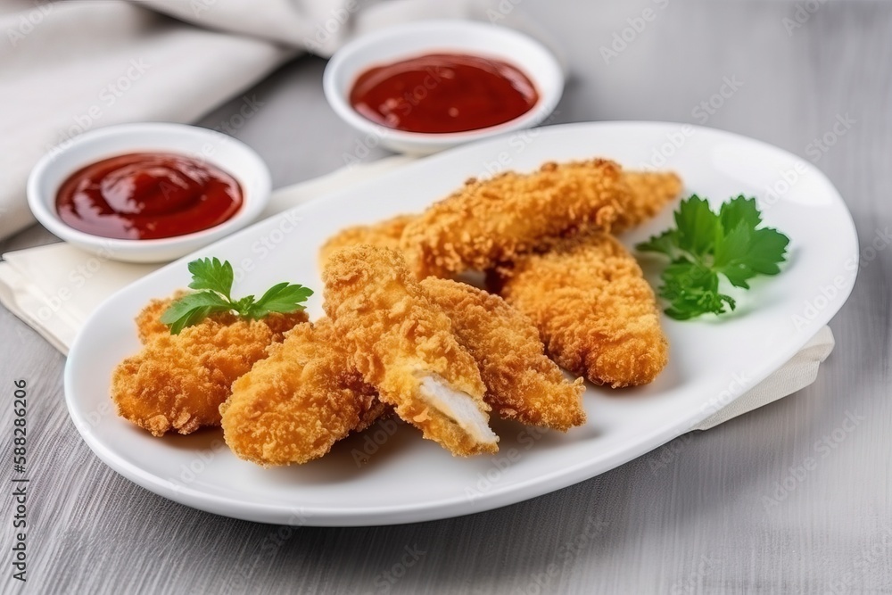 a white plate topped with fried food next to sauces and a napkin on top of a wooden tablecloth covered tablecloth with a white cloth. generative ai a white plate topped with fried food next to sauces and a napkin on top of a wooden tablecloth covered tablecloth with a white cloth. generative ai