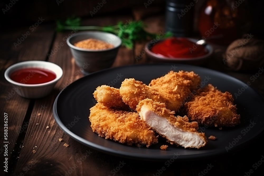a black plate topped with fried chicken next to sauces and a cup of ketchup on a wooden table with a wooden table. generative ai a black plate topped with fried chicken next to sauces and a cup of ketchup on a wooden table with a wooden table. generative ai