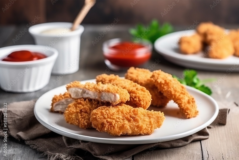 a white plate topped with chicken nuggets next to a bowl of ketchup and a cup of ketchup on a wooden table. generative ai a white plate topped with chicken nuggets next to a bowl of ketchup and a cup of ketchup on a wooden table. generative ai