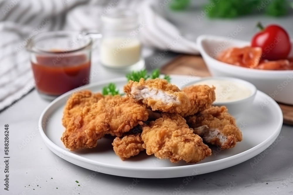 a white plate topped with fried chicken next to a bowl of sauce and a glass of ketchup and a tomato on the side. generative ai a white plate topped with fried chicken next to a bowl of sauce and a glass of ketchup and a tomato on the side. generative ai