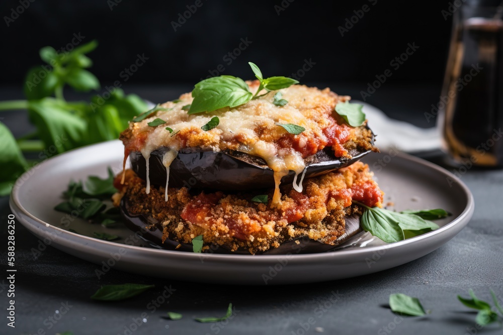 a plate of food with a fork and a glass of wine on the side of the plate and a bottle of wine in the background. generative ai a plate of food with a fork and a glass of wine on the side of the plate and a bottle of wine in the background. generative ai