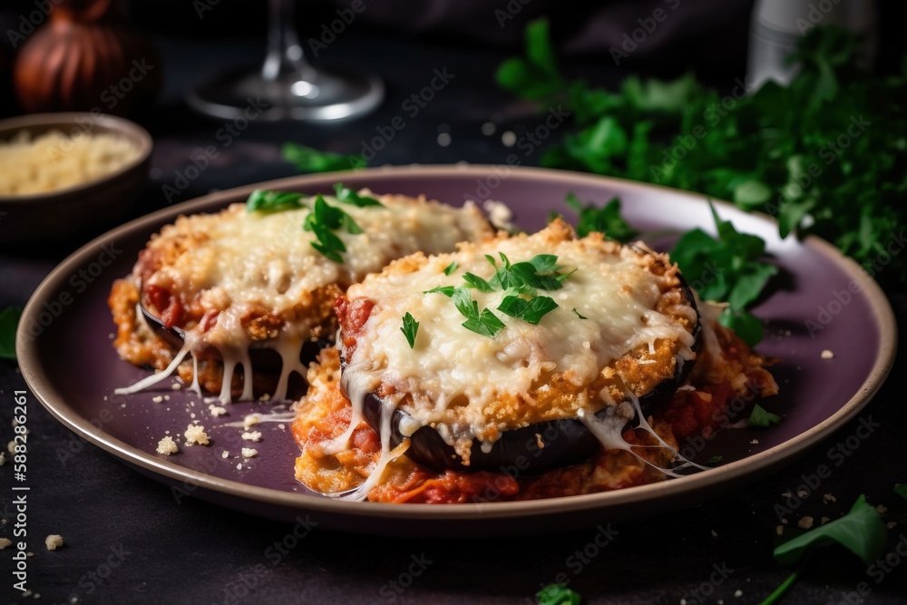 a plate of stuffed eggplant covered in cheese and sauce and garnished with parmesan cheese and parsley on the side. generative ai a plate of stuffed eggplant covered in cheese and sauce and garnished with parmesan cheese and parsley on the side. generative ai
