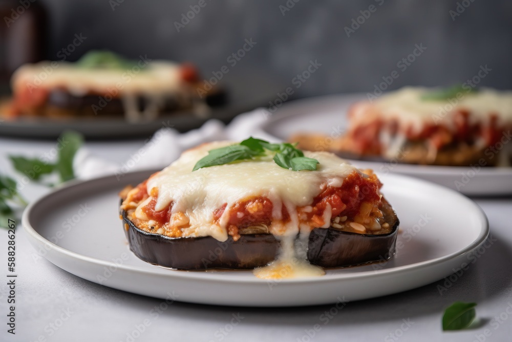 a plate of stuffed eggplant covered in cheese and sauce with a fork next to it and a bottle of wine in the background. generative ai a plate of stuffed eggplant covered in cheese and sauce with a fork next to it and a bottle of wine in the background. generative ai