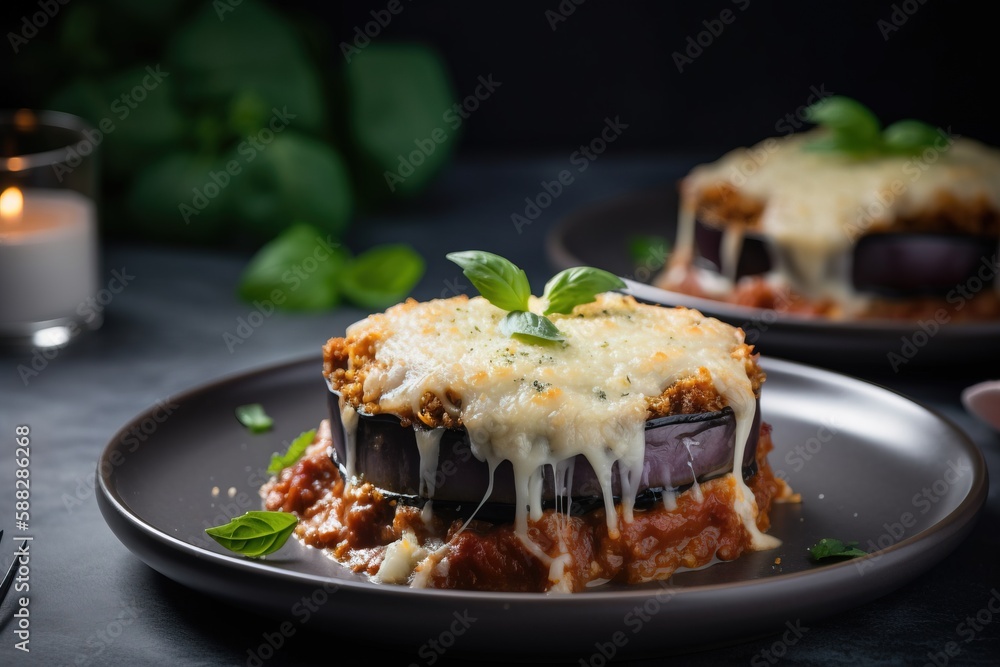 a plate of lasagna with sauce and cheese on it and a lit candle in the background with green leaves on the side of the plate. generative ai a plate of lasagna with sauce and cheese on it and a lit candle in the background with green leaves on the side of the plate. generative ai