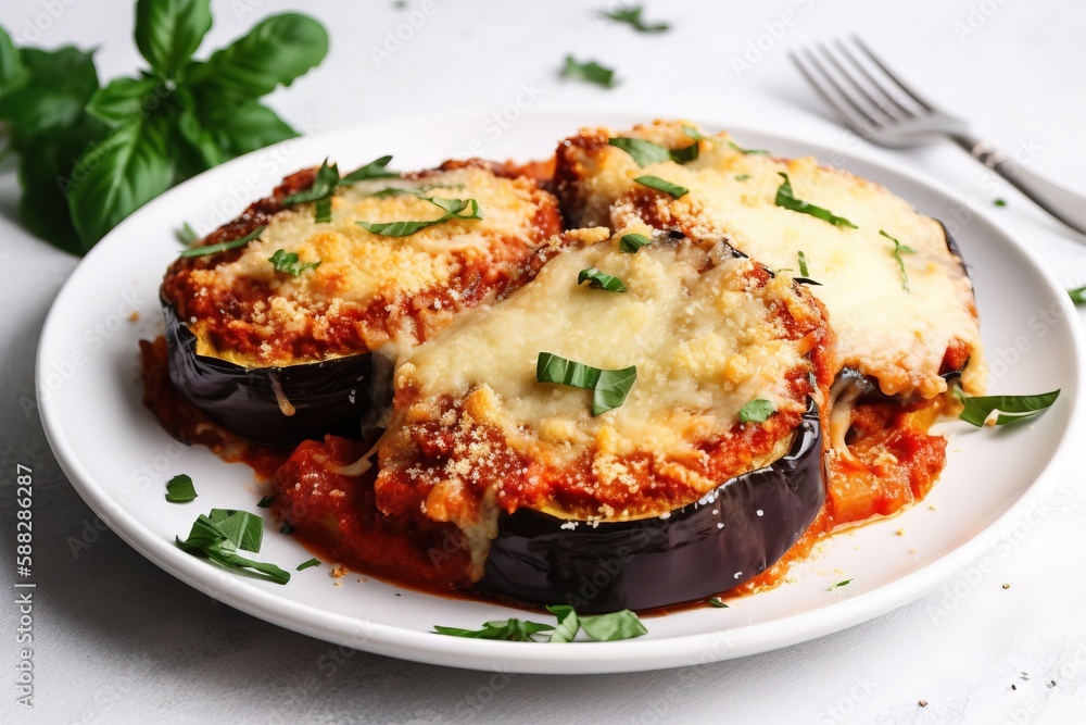 a white plate topped with stuffed eggplant covered in cheese and sauce and garnished with parmesan and green leaves next to a fork. generative ai a white plate topped with stuffed eggplant covered in cheese and sauce and garnished with parmesan and green leaves next to a fork. generative ai