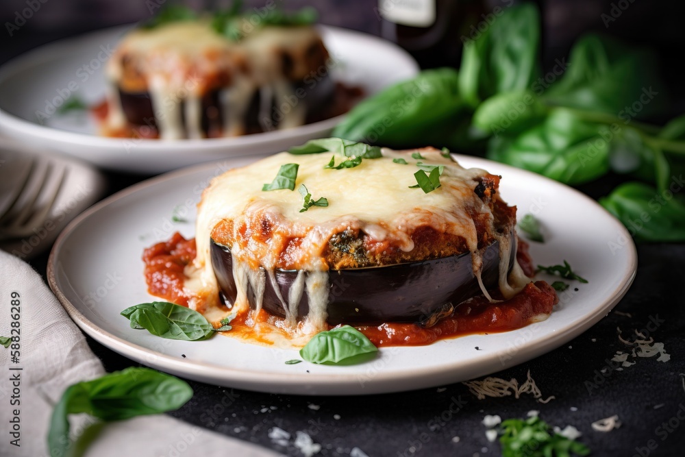 a plate with a stuffed eggplant covered in sauce and cheese with basil leaves on top of the plate and a bottle of wine in the background. generative ai a plate with a stuffed eggplant covered in sauce and cheese with basil leaves on top of the plate and a bottle of wine in the background. generative ai