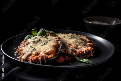  a black plate with a pizza covered in cheese and basil on it next to a bowl of sauce and a napkin on a black table. generative ai