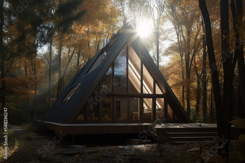 Soft light with A frame chalet desgin in the woods. Cabin in the shape of an A with glass windows in the forest with sunlight. Rural tourism in the forest. Ai generated