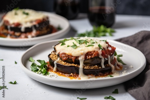  two plates of food with cheese and sauce on them on a table with a glass of red wine in the backgrouf of the picture.  generative ai