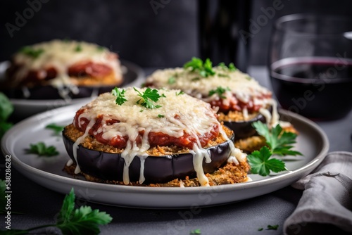  a plate of stuffed eggplant covered in sauce and parmesan cheese with a glass of red wine in the backgroun. generative ai