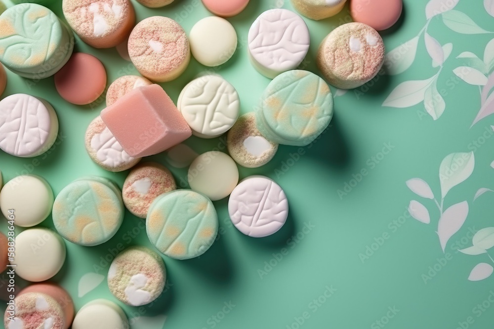 a bunch of different colored candies on a green background with leaves and leaves on it, with a pink and white one on the top. generative ai a bunch of different colored candies on a green background with leaves and leaves on it, with a pink and white one on the top. generative ai