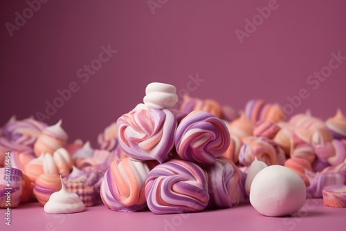  a pile of lollipops sitting on top of a pink table top next to a white ball of candy on top of a table. generative ai