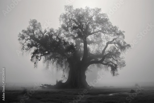  a large tree in the middle of a field with fog in the air and a person sitting on a bench under it on a foggy day.  generative ai