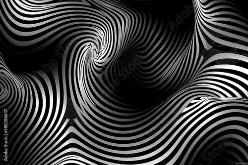  an abstract black and white background with wavy lines and curves in the center of the image  with a black background with white and black stripes.  generative ai