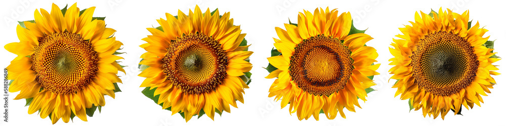 Assorted sunflower heads on transparent PNG background. Generative AI. Assorted sunflower heads on transparent PNG background. Generative AI.