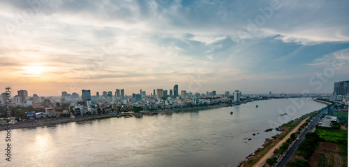 Phnom Penh city panorama, at sunset,viewed from eastern side of the Tonle Sap River,Cambodia.