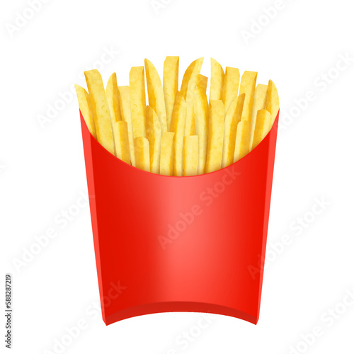 French fries. Potatoes in red package box. Snack fast food takeaway. Popular roasted potatoes chips sticks snack in cardboard packing, isolated on white background. Realistic 3d ector illustration.