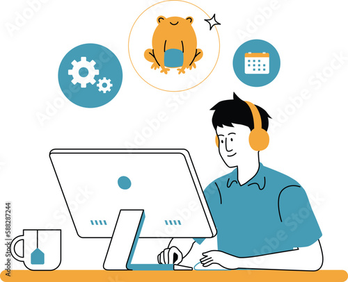 Freelance operator working at computer. Flat design vector illustration.