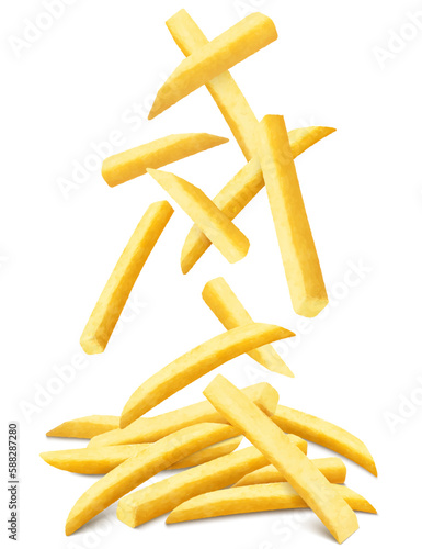 French fries background. Fast food banner. Flying french fries potatoes with blurry effect isolated on white. Junk food. Falling roasted vegetable pieces. Realistic 3d vector illustration