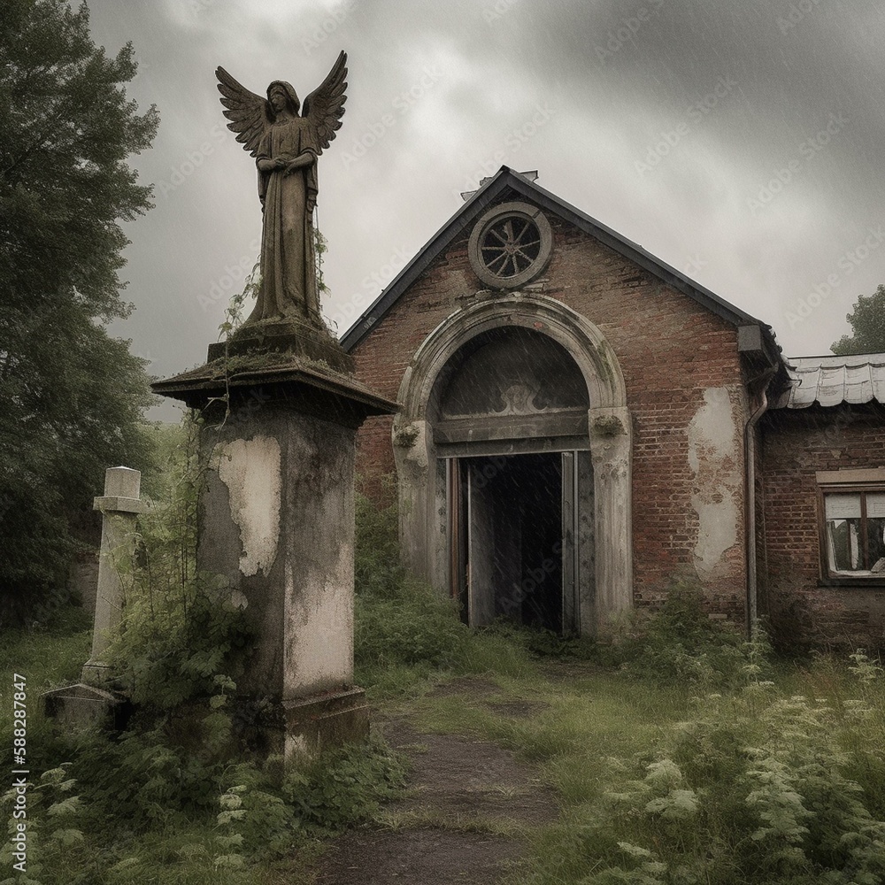 abandoned church bad weather over the church an angel guarding the church Generative AI