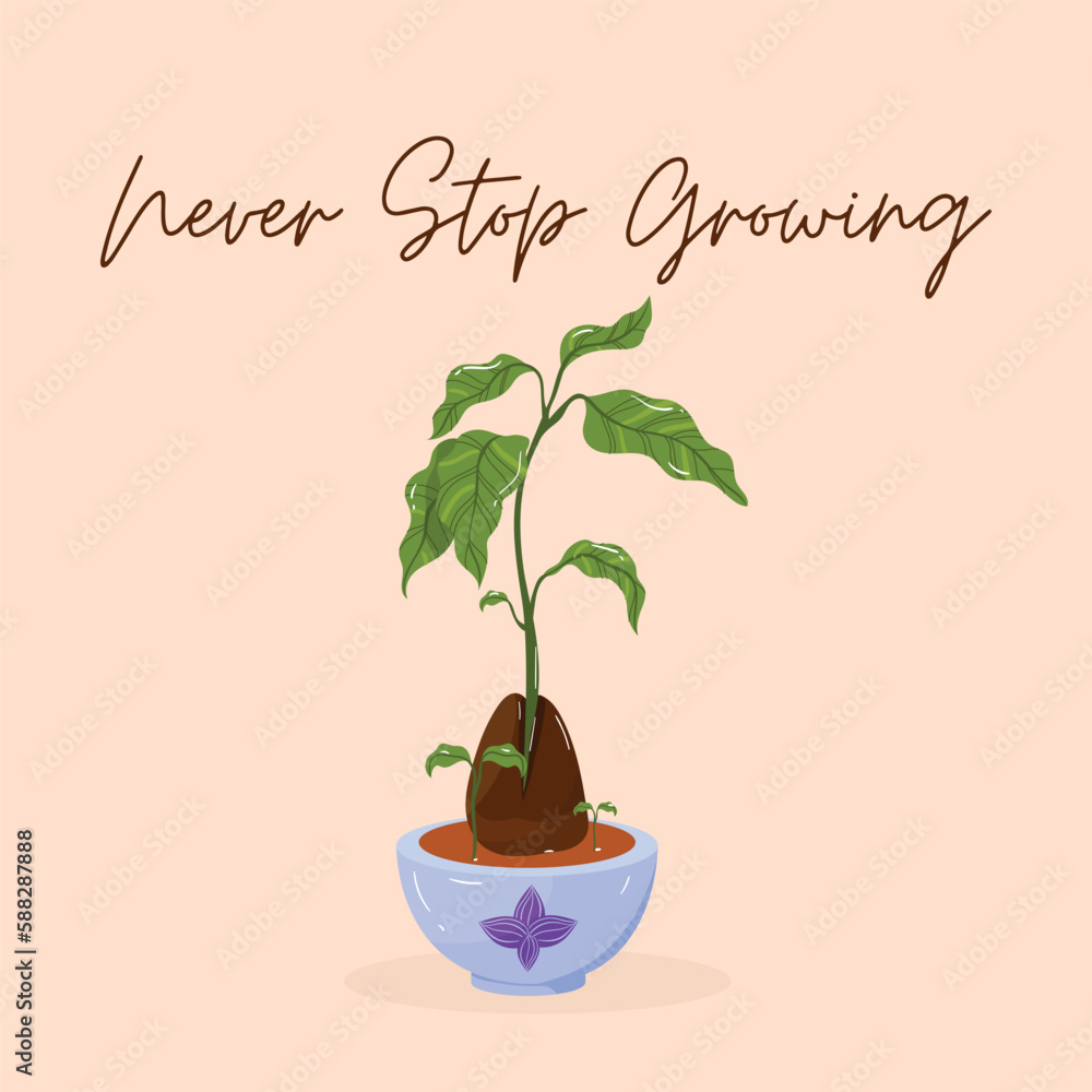 Cute avocado houseplant in blue pot with inspirational quote Never stop growing. Vector hand drawn illustration.